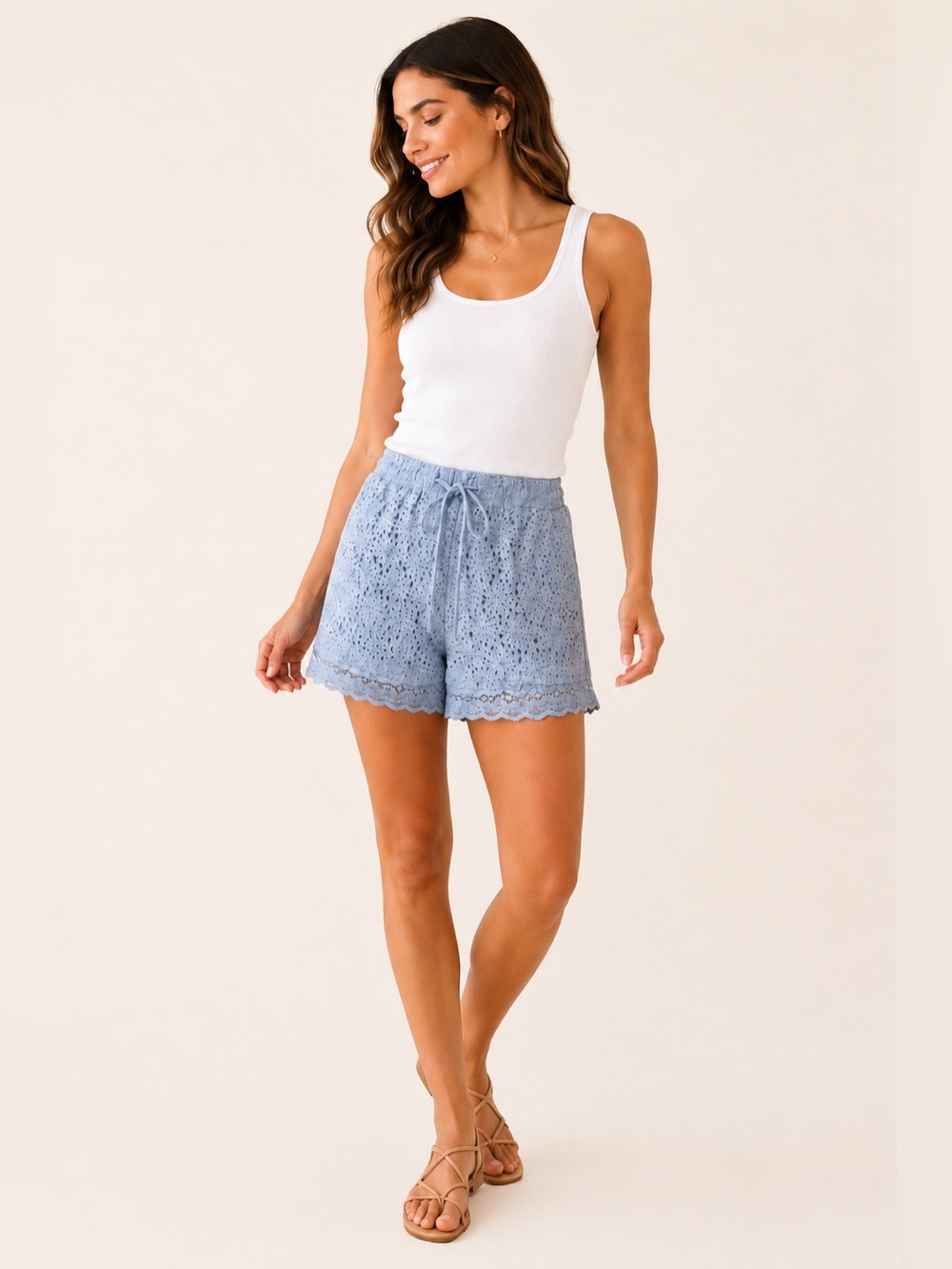 NWT One 5 One Blue Lace Shorts Medium Drawstring Coastal Boho Crochet Eyelet